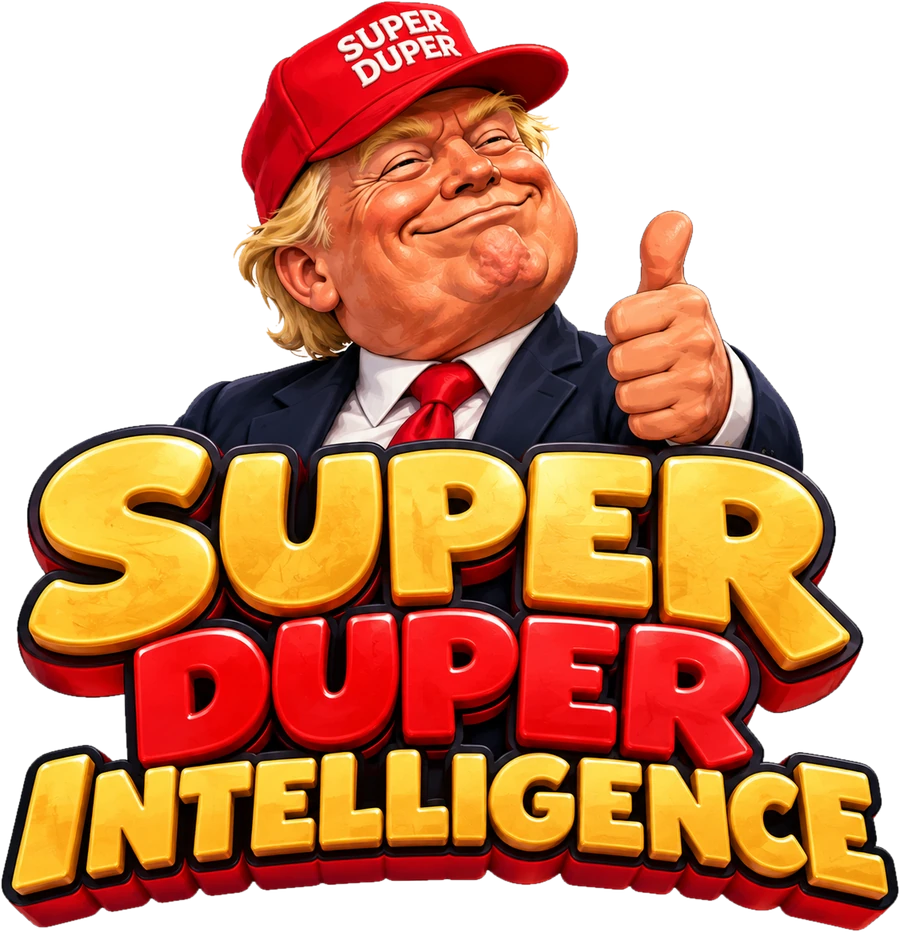 a red cap that says super duper, a thumbs up that means it, and three words stacked like a trophy